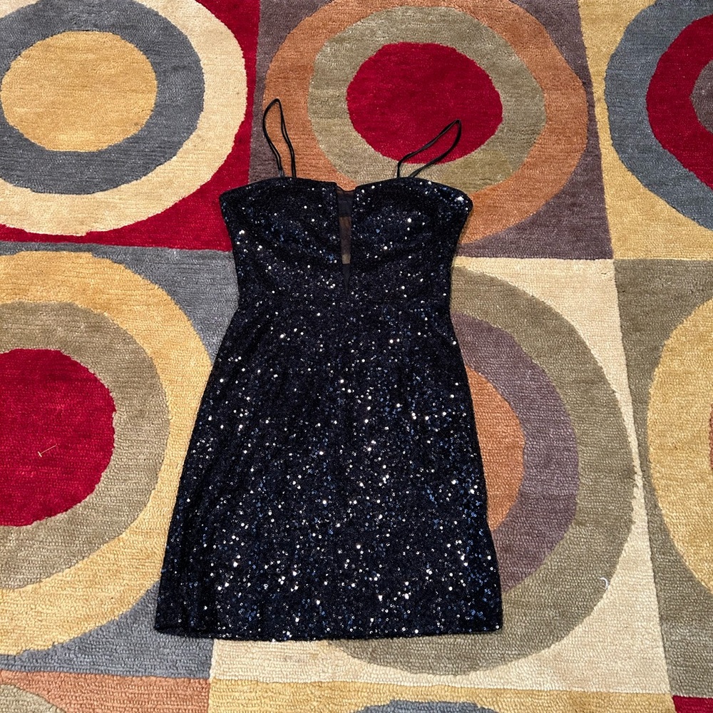 Hailey Logan by Adrianna Papell Black Sequin Mesh Front Open Back Mini Dress S - Picture 4 of 11